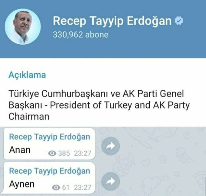 Erdoğan'ın Telegram kanalından abonelere şok mesaj: Anan! - Resim : 1