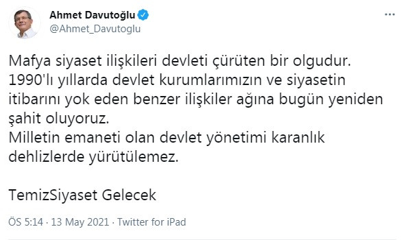 Sedat Peker'in yeni videosunun ardından Davutoğlu'ndan ilk açıklama - Resim : 1