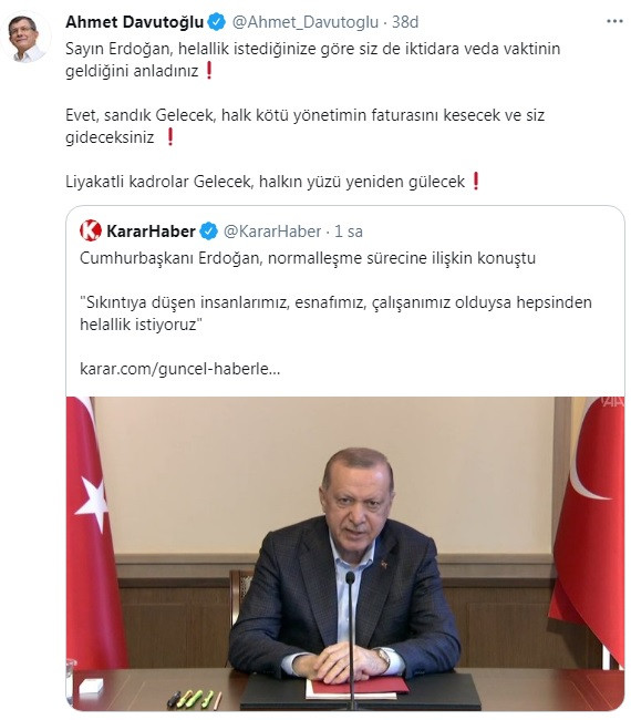 Davutoğlu'ndan 'helallik' isteyen Erdoğan'a: Veda vaktinin geldiğini anladınız - Resim : 1