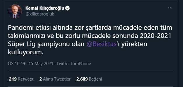 Kılıçdaroğlu'ndan Beşiktaş'a tebrik - Resim : 1