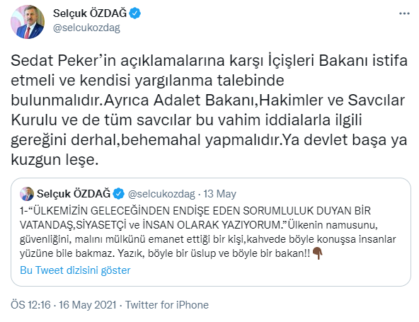 Gelecek Partisi'nden Sedat Peker'in 5. videosunun ardından Süleyman Soylu çağrısı: Yargılanmalı - Resim : 1