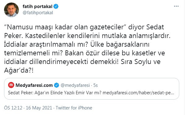 Fatih Portakal'dan Sedat Peker'in 5. videosu yorumu: Sıra Süleyman Soylu ve Mehmet Ağar’da! - Resim : 2