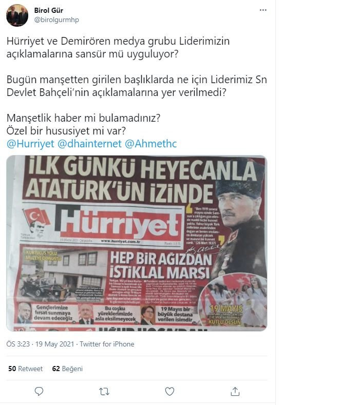Habertürk'ten sonra MHP yine bir gazeteyi hedef aldı: Hayırdır liderimize sansür mü uyguluyorsunuz? - Resim : 1