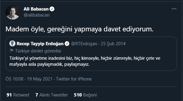 Ali Babacan, Erdoğan'ı kendi tweetiyle vurdu - Resim : 1