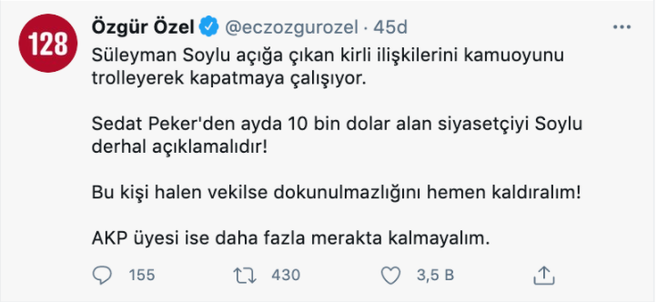 CHP'li Özel'den Süleyman Soylu'ya: Sedat Peker'den ayda 10 bin dolar alan siyasetçiyi açıklayın - Resim : 1