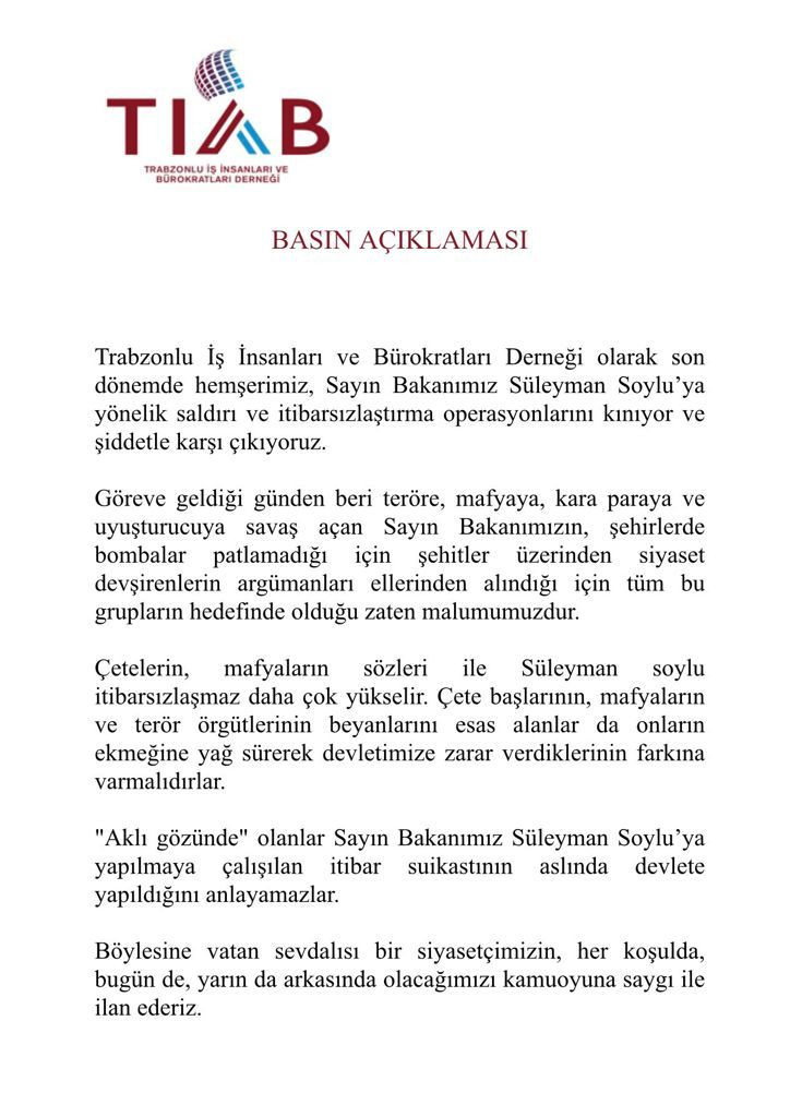 Trabzonlu İş İnsanları ve Bürokratları Derneği'nden Süleyman Soylu açıklaması - Resim : 1