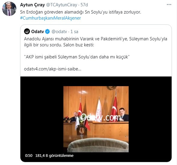 Aytun Çıray'dan AA muhabirinin sorusuna çarpıcı yorum: Erdoğan görevden alamadığı Soylu'yu istifaya zorluyor - Resim : 1