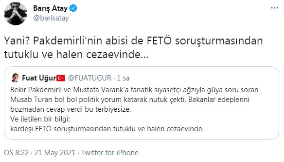 Fuat Uğur'un Anadolu Ajansı tweetinin ardından Barış Atay'dan FETÖ'den tutuklu bakan kardeşi hatırlatması - Resim : 1
