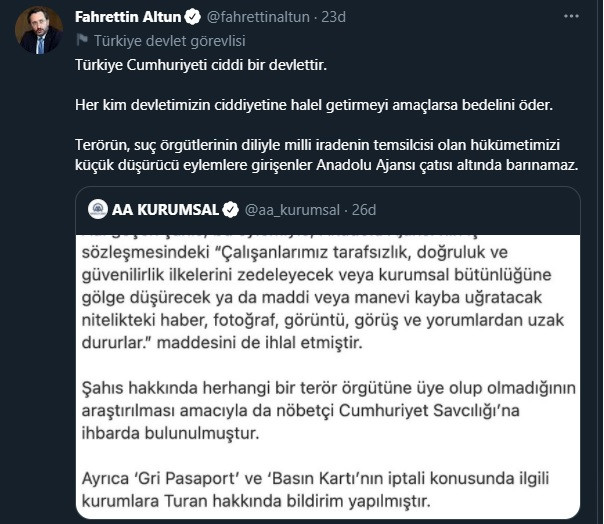 AA'nın Musab Turan'ı kovmasının ardından Saray'dan yeni açıklama - Resim : 1