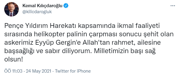 Kılıçdaroğlu'ndan şehit Uzman Onbaşı Eyyüp Gergin için başsağlığı mesajı - Resim : 1