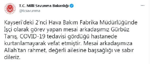 Bakanlık duyurdu! Hava Bakım Fabrika Müdürlüğü işçisi koronavirüsten hayatını kaybetti - Resim : 1