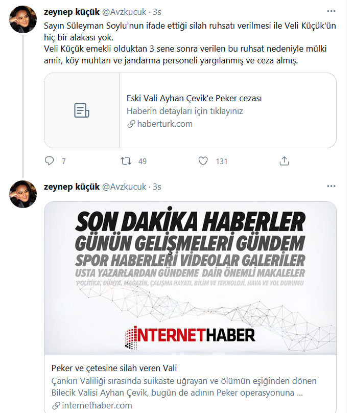 Sedat Peker'e silah ruhsatını kim verdi? Veli Küçük'ün kızı Zeynep Küçük'ten Soylu'nun iddialarına yanıt - Resim : 1