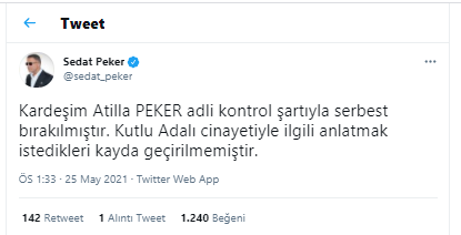 Sedat Peker'den gözaltına alınan kardeşi ve Kutlu Adalı cinayeti hakkında açıklama - Resim : 1