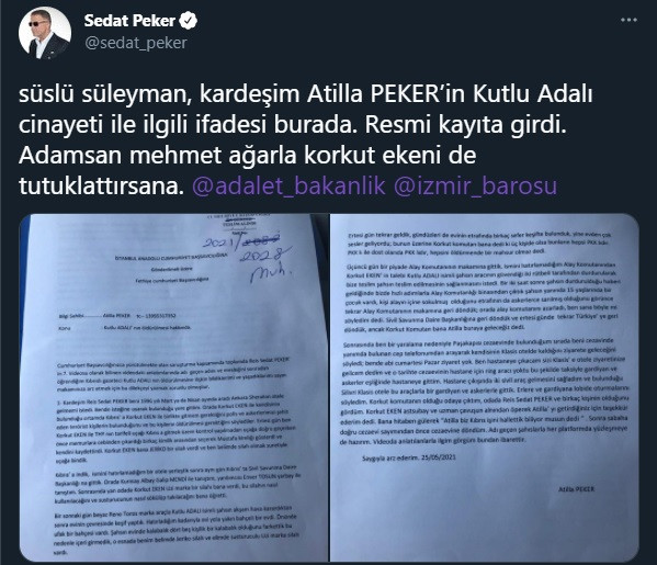 Sedat Peker, kardeşi Atilla Peker'in 'Kutlu Adalı cinayeti' ifadesini yayımladı, Süleyman Soylu'ya seslendi! - Resim : 1