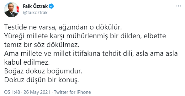 Faik Öztrak'tan Erdoğan'a 'tehdit' tepkisi: Dokuz düşün bir konuş - Resim : 1