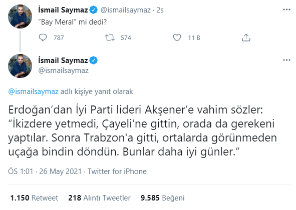 İsmail Saymaz'dan Erdoğan'ın Akşener'e yönelik tehdit gibi sözlerine dikkat çeken yorum - Resim : 1