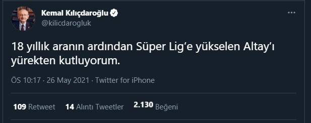 Kılıçdaroğlu'ndan Süper Lig'e yükselen Altay'a tebrik - Resim : 1