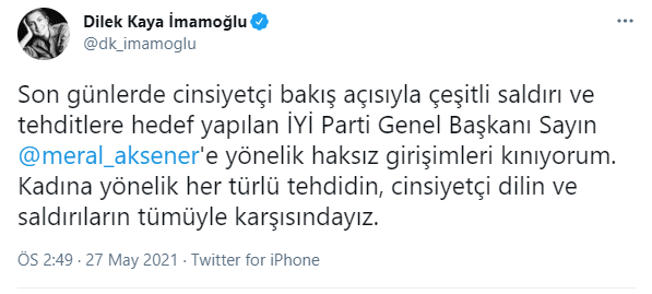 Erdoğan'ın hedefindeki Akşener'e Dilek İmamoğlu'ndan destek - Resim : 1