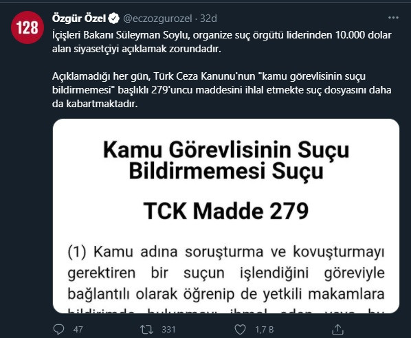 Özgür Özel, Süleyman Soylu'ya bu defa kanun maddesiyle seslendi - Resim : 1