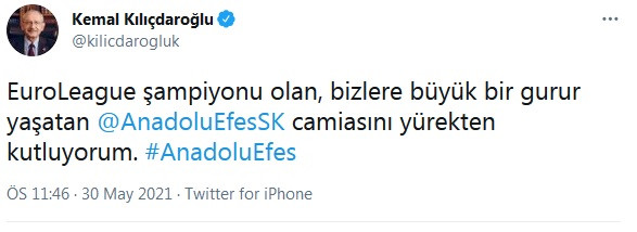 Kılıçdaroğlu'ndan Avrupa Şampiyonu olan Anadolu Efes'e tebrik mesajı - Resim : 2