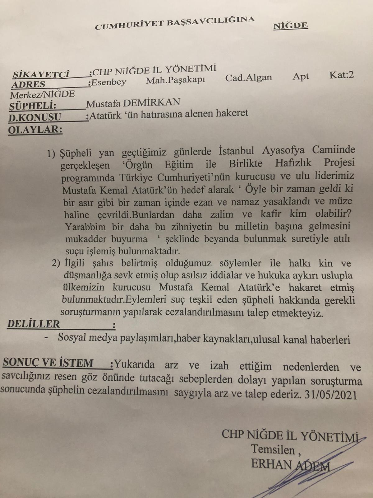 CHP Niğde İl Başkanlığı'ndan Atatürk'e hakaret eden imam hakkında suç duyurusu - Resim : 1