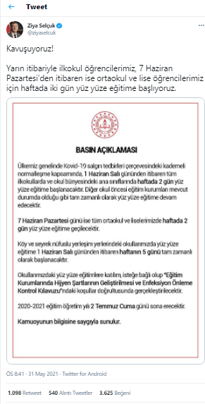 Milli Eğitim Bakanı Ziya Selçuk yüz yüze eğitimin ne zaman başlayacağını açıkladı - Resim : 2