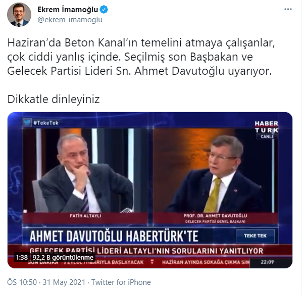Ekrem İmamoğlu da paylaştı: Ahmet Davutoğlu'ndan çarpıcı Kanal İstanbul yorumu - Resim : 3