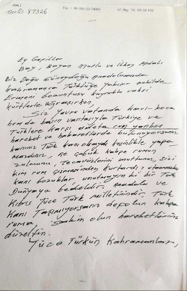 Kıbrıs Postası gazetesi yayınladı: İşte öldürülen gazeteci Kutlu Adalı'ya gönderilen tehdit mektubu - Resim : 1