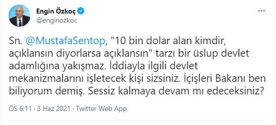 'Mafyadan 10 bin dolar alan siyasetçi açıklansın' diyen Şentop'a CHP'li Özkoç böyle yanıt verdi! - Resim : 1