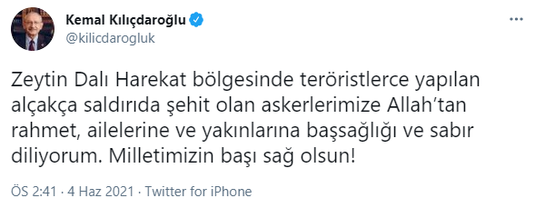 Kılıçdaroğlu'ndan şehit askerler için başsağlığı mesajı - Resim : 1