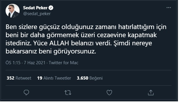 Sedat Peker: Size güçsüz zamanlarınızı hatırlattığım için... - Resim : 1