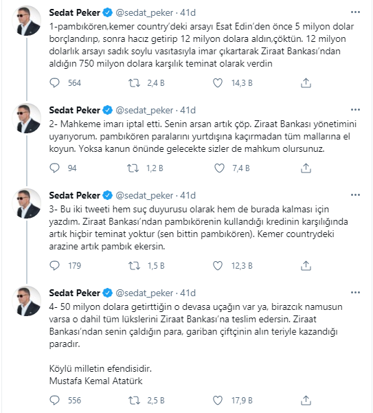 Sedat Peker 'suç duyurusu' diye paylaştı: Ziraat Bankası'nı uyarıyorum, Demirören kaçmadan... - Resim : 1