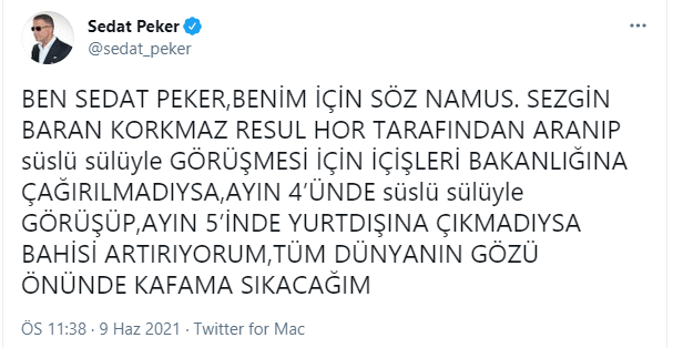 Sedat Peker, Süleyman Soylu - Sezgin Baran Korkmaz iddiasında bahisi arttırdı: Kafama sıkacağım - Resim : 1