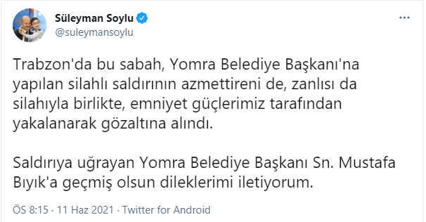 Süleyman Soylu açıkladı: Yomra Belediye Başkanı'na düzenlenen silahlı saldırıda sıcak gelişme! - Resim : 1