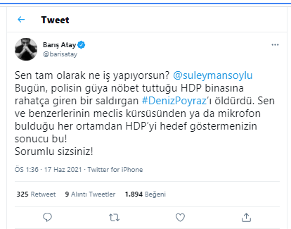 Barış Atay'dan Süleyman Soylu'ya: 'HDP’yi hedef göstermenizin sonucu bu! Sorumlu sizsiniz!' - Resim : 1