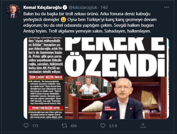 Kılıçdaroğlu yandaş Yeni Şafak'ın bu haberini paylaştı: Sakın yemeyin, ben oteldeyim! - Resim : 1