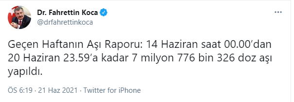 Fahrettin Koca haftalık aşı raporunu açıkladı - Resim : 1