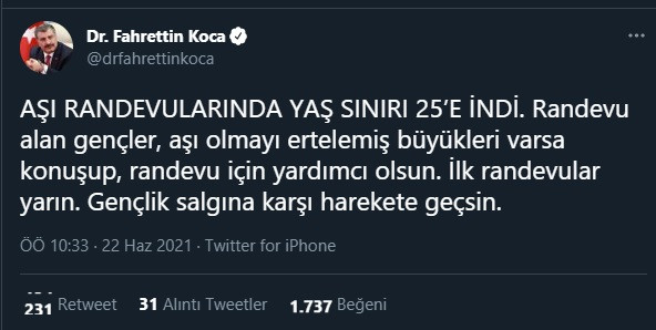 Aşı randevusunda yeni yaş grubu açıklandı! - Resim : 1