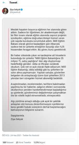 Ziya Selçuk'tan kardeşinin okullara 25 milyon liralık satış yaptığı iddialarına yanıt - Resim : 1