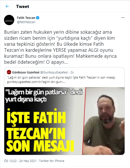 'Sedat Peker hiçbir şey konuşmadı' diyen Fatih Tezcan'dan yurt dışına kaçtığı iddialarına yanıt - Resim : 1