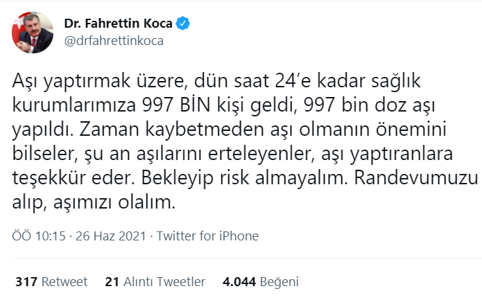 Bakan Koca açıkladı: Dün kaç kişiye Covid-19 aşısı yapıldı? - Resim : 1