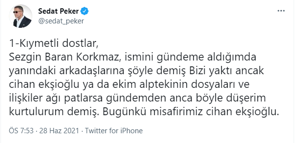'Süleyman Soylu'nun kasasını açıklayacağım' demişti: Sedat Peker'den Cihan Ekşioğlu'na şok suçlamalar! - Resim : 1