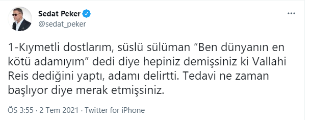 Süleyman Soylu'nun 'dünyanın en kötü adamıyım' sözlerine Sedat Peker'den olay yorum! - Resim : 1