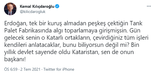 Kılıçdaroğlu'ndan Erdoğan'a sert Tank Palet yanıtı: Bin yıllık devlet sayende oldu Kataristan - Resim : 1