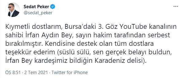 'Erdoğan ve Soylu'ya hakaret'ten gözaltına alınan gazeteciye ilişkin Sedat Peker'den açıklama! - Resim : 1