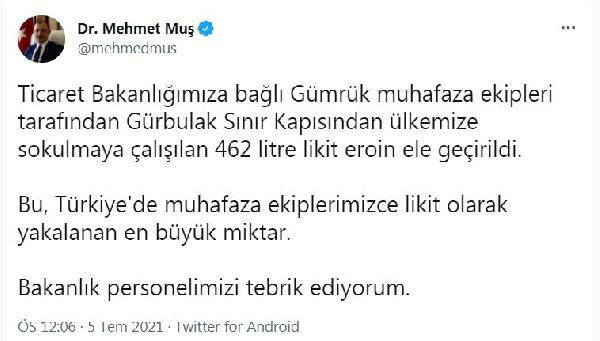 Bakan Mehmet Muş açıkladı: Sınır kapısında 462 litre likit eroin ele geçirildi - Resim : 1