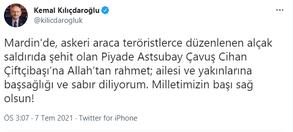 Kılıçdaroğlu'ndan şehit Piyade Astsubay Çavuş Cihan Çiftçibaşı için taziye mesajı - Resim : 1