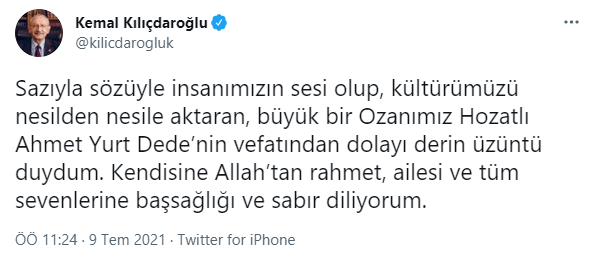 Kılıçdaroğlu'ndan Hozatlı Ahmet Yurt Dede için başsağlığı mesajı - Resim : 1