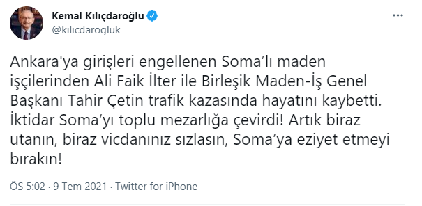 Kılıçdaroğlu'ndan 'Tahir Çetin ve Ali Faik İlter' mesajı: Biraz vicdanınız sızlasın, Soma’ya eziyet etmeyi bırakın! - Resim : 1