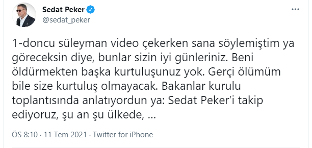 Sedat Peker'den Soylu'ya 'rest': İstediğin kişilerin desteğini al, hiçbiri benim destek aldığım yerden büyük değil - Resim : 1